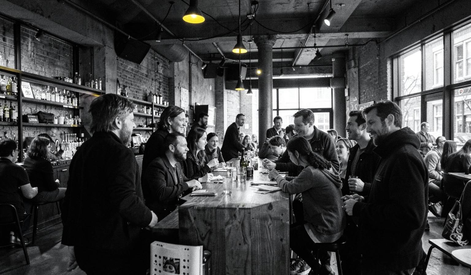 Artists and music industry professionals meeting around the Analog Mixer bar