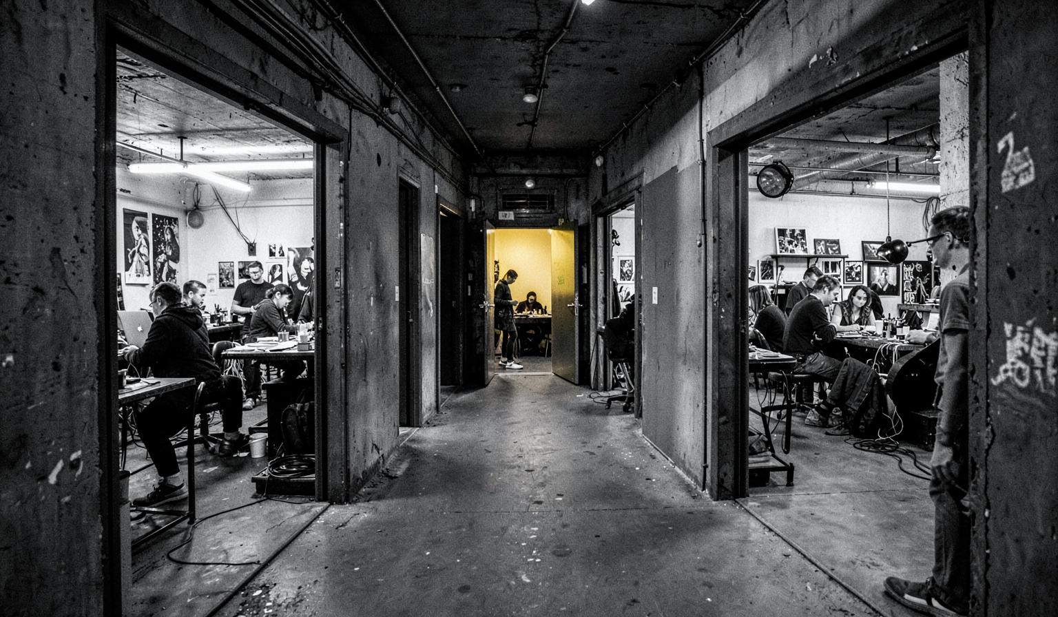 A corridor of active music and visual studios during the Creative Rooms