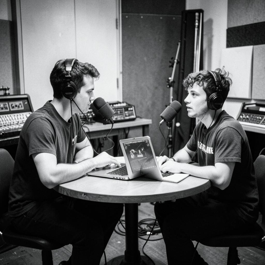 An A&R listening session with headphones and a laptop in a rehearsal studio