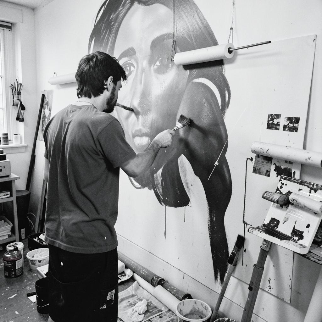 An artist painting a large mural on a studio wall