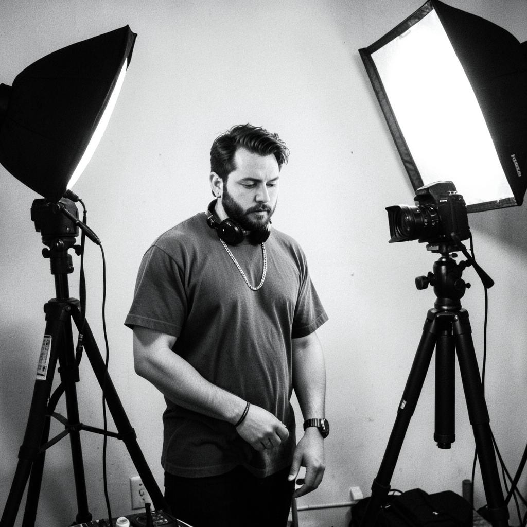 A behind-the-scenes DJ press-kit photo session in a small studio