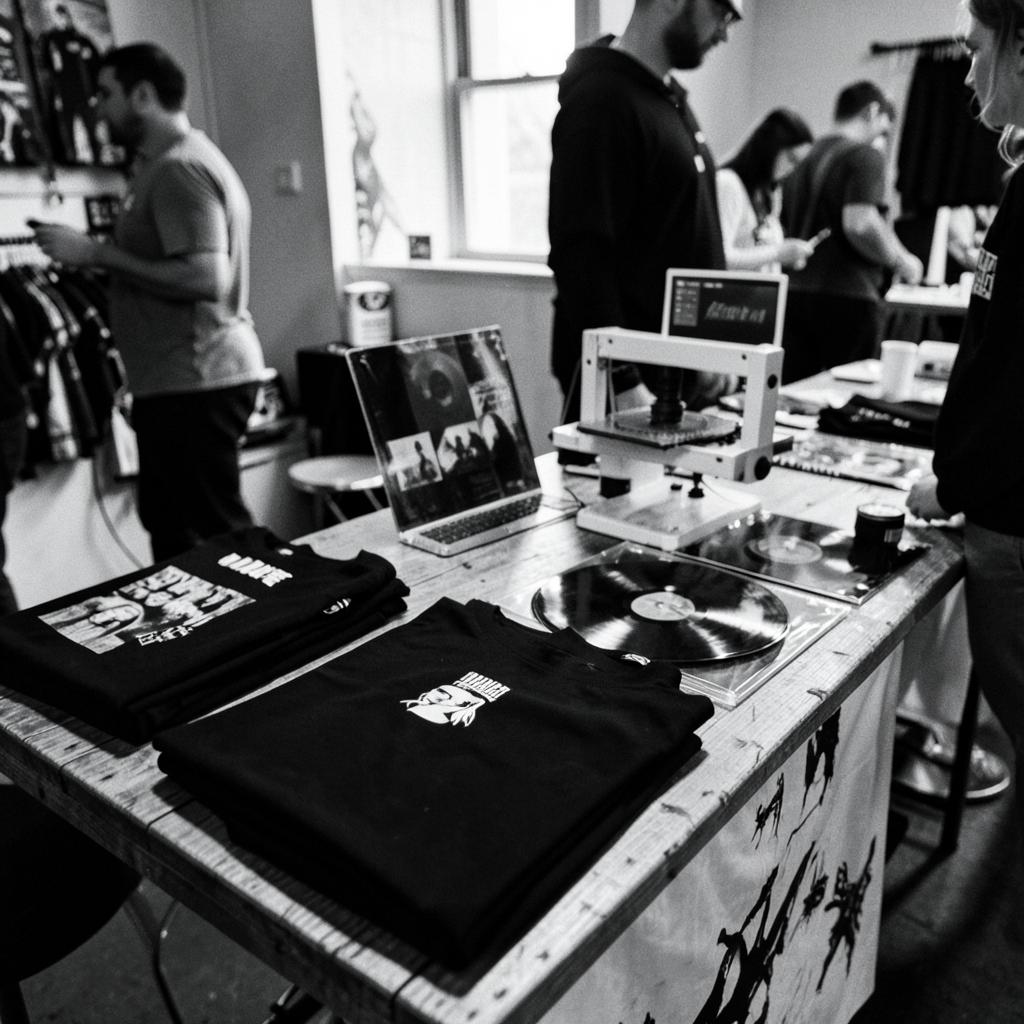 A merchandise table with t-shirts and vinyl records at a music event